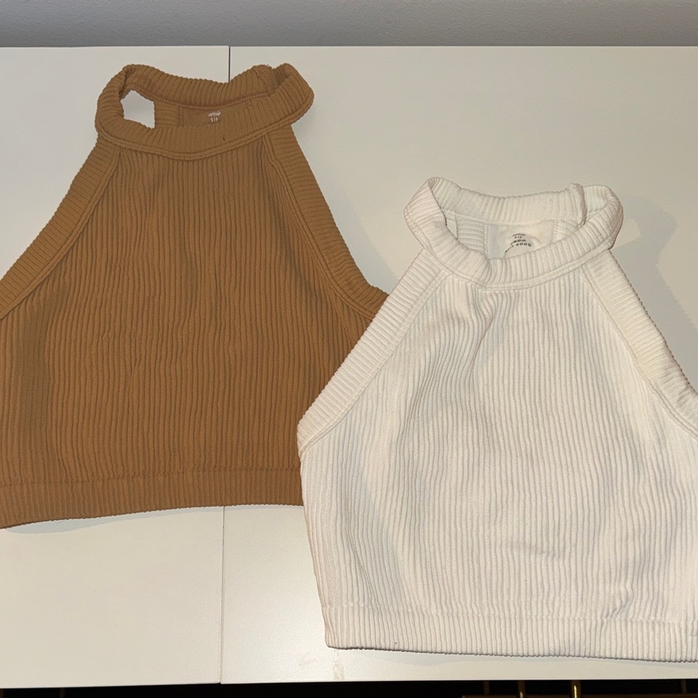 AERIE Women's Ribbed Halter Tops - White and Tan